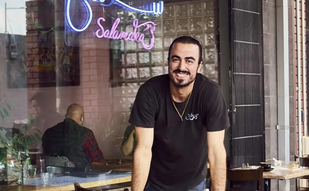 Australia. Hamed Allahyari outside his cafe SalamaTea in Melbourne